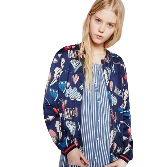 Zara Jackets & Blazers - Zara TRF Outerwear Pop Art MEOW Bomber Jacket Navy Full Zip SZ S